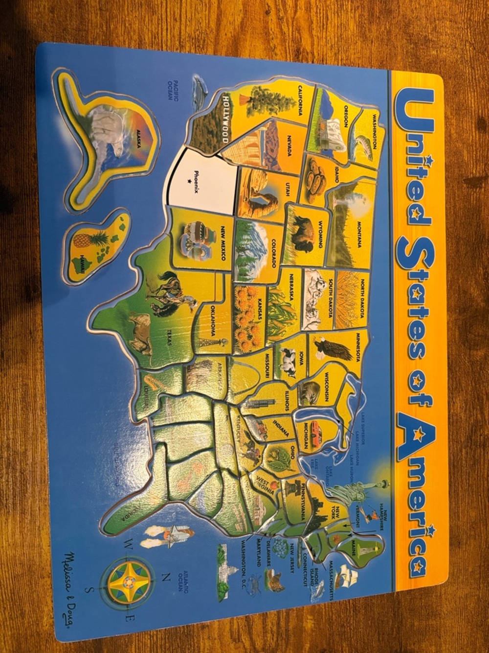 United States of America Wooden Puzzle Map - Blue & Yellow